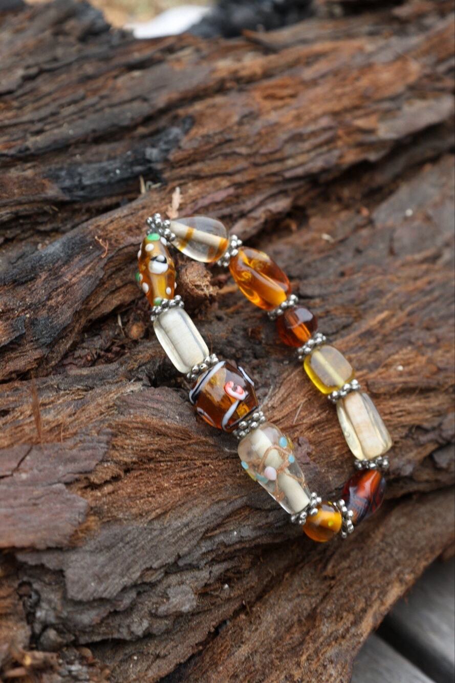 Vintage Lampwork Art Glass Bead Bracelet Amber Millefiori Stretch Boho Statement